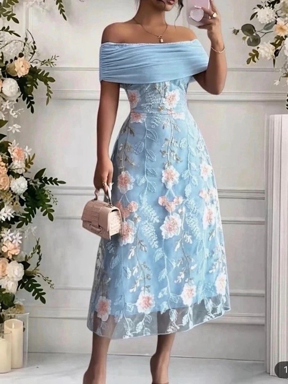 Floral Off-Shoulder Midi Dress in Blue & Pink Size Small